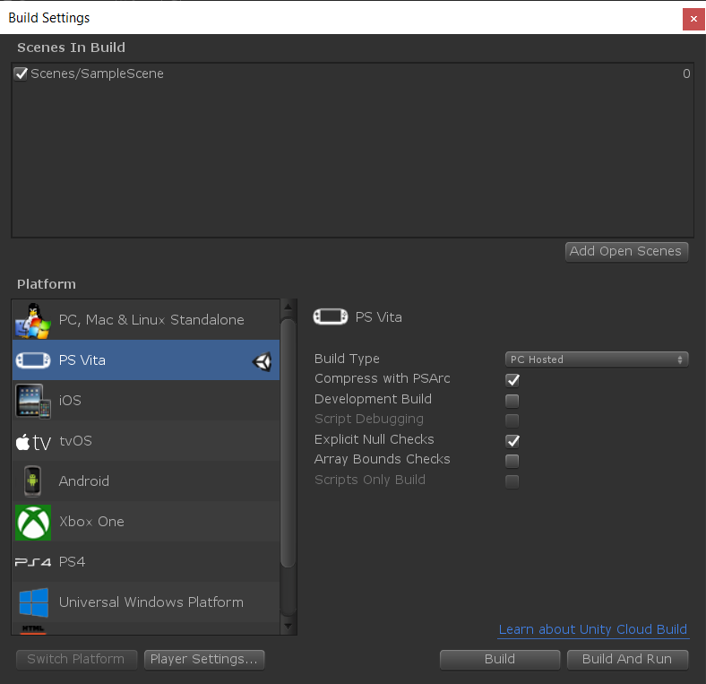 A screenshot of the Unity build window