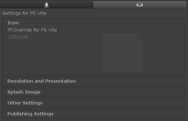 A screenshot of PS Vita icon settings in Unity