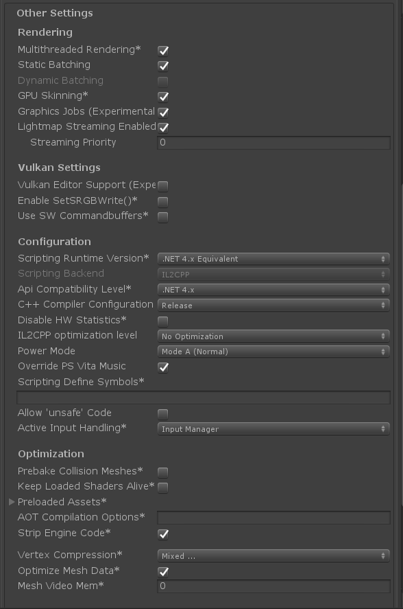 A screenshot of PS Vita build settings in Unity