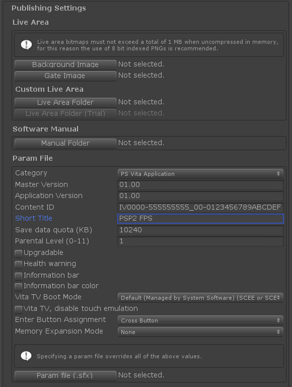 A screenshot of PS Vita publishing settings in Unity