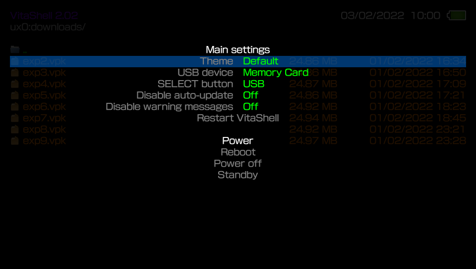 A screenshot of VitaShell showing connection settings