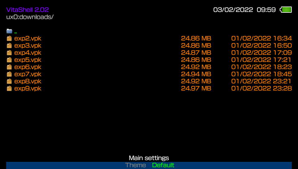 A screenshot of VitaShell showing .vpk files