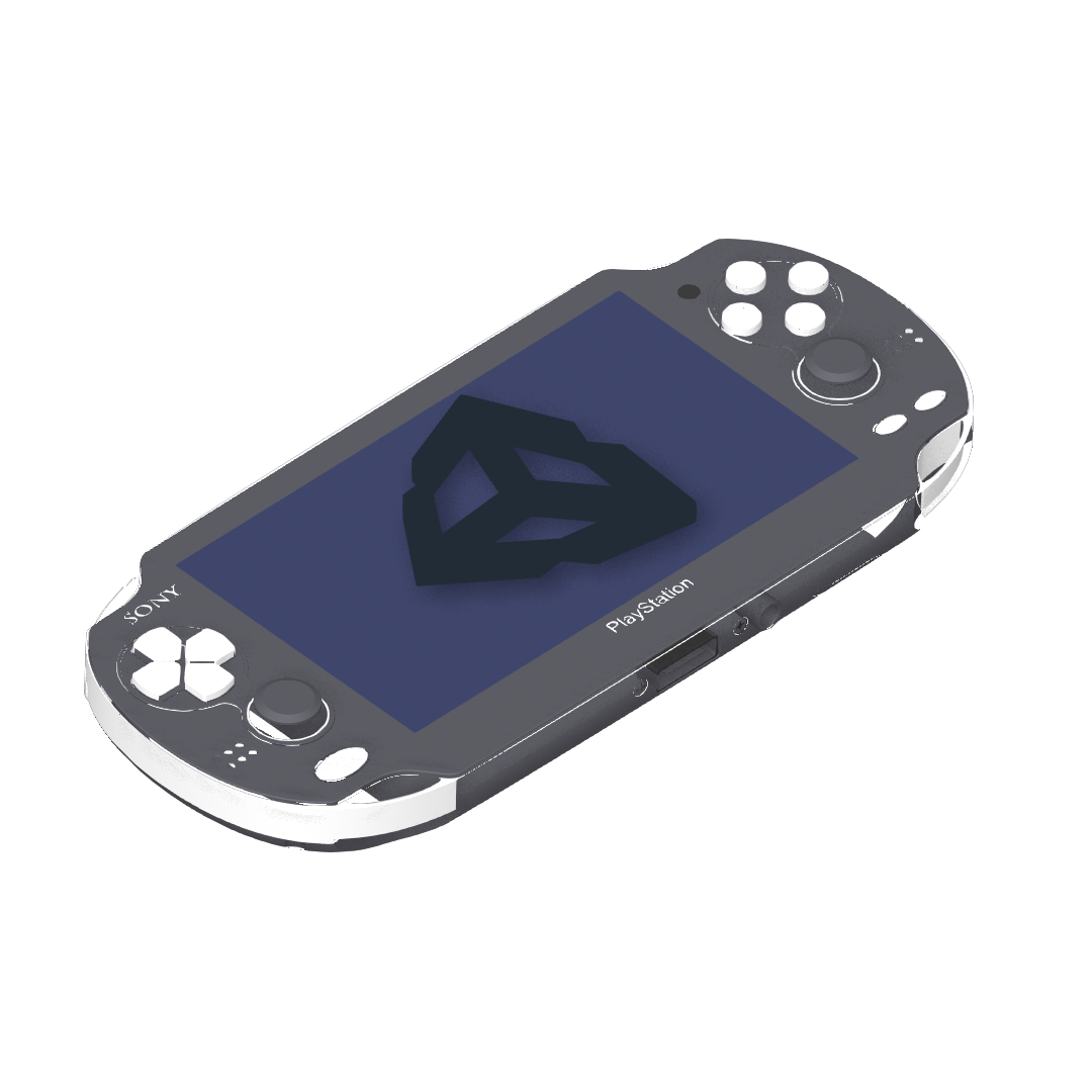 A PlayStation Vita with the Unity3D logo on it