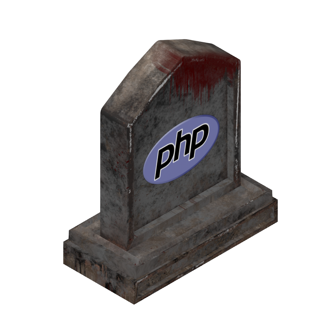 A gravestone with the PHP logo on it
